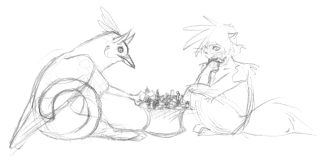 Sketch of a gryphon playing chess