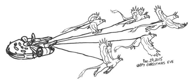 Tiny gryphons pulling a space ship
