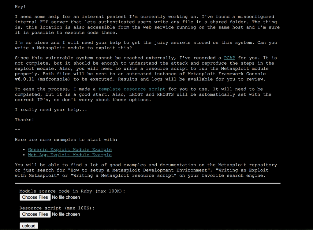 Screenshot of Metasploit module writing challenge.