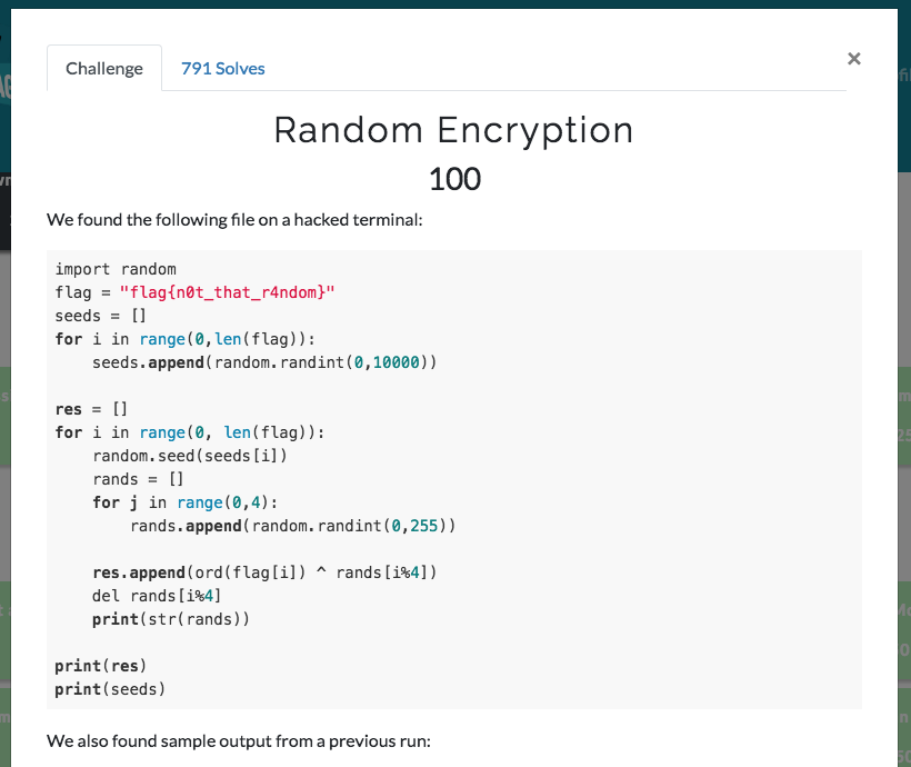 Random Encryption screenshot showing code and giving away the flag